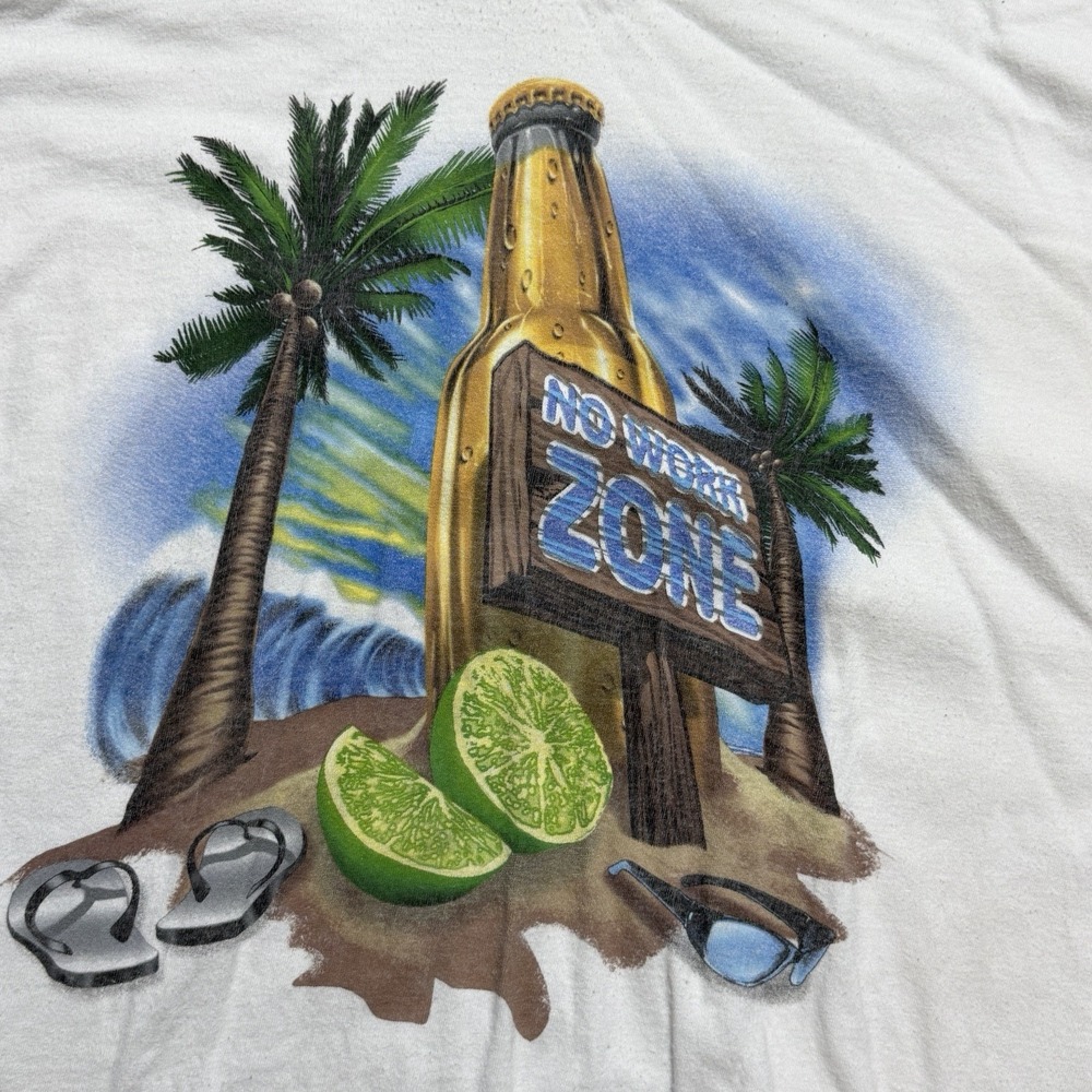 Gildan No Work Zone Beach Graphic T-Shirt 2XL White Beer Palm Tree Novelty Tee